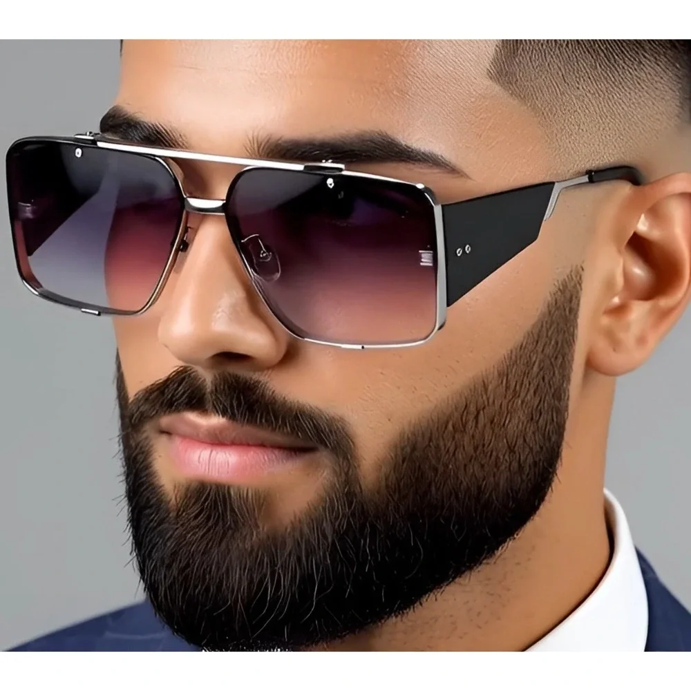 Men's Oversized Square Sunglasses Silver Frame Gradient Gradient Lenses Lentes‎